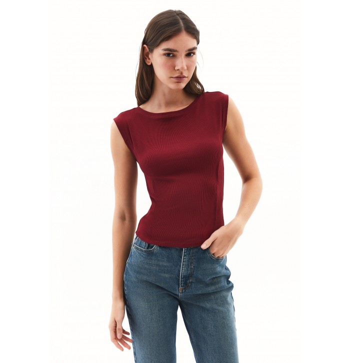 Bordo Pamuklu Bot Yaka Tişört