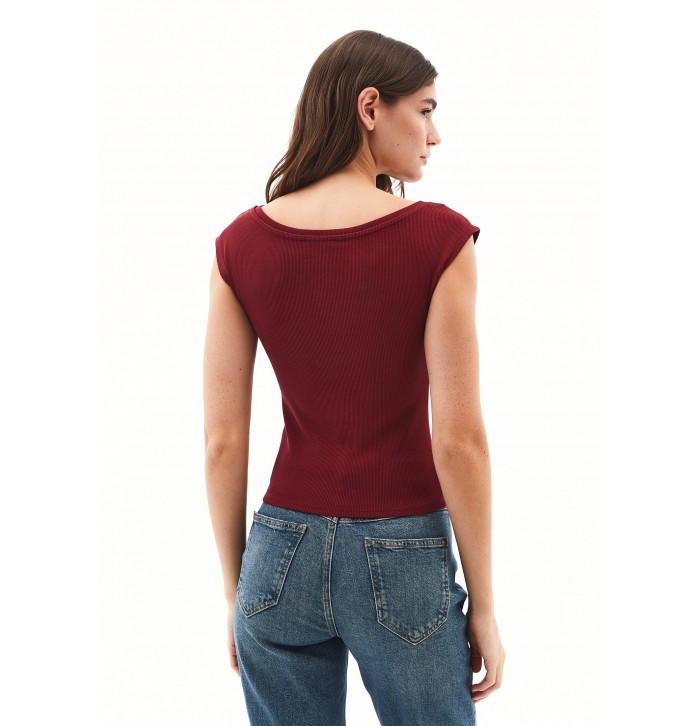 Bordo Pamuklu Bot Yaka Tişört